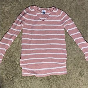 Pink & White Striped V-Neck Sweater
